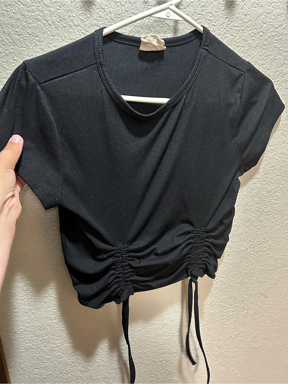 One Step Up  Ruched Drawstring Black Top Medium - Picture 2 of 7